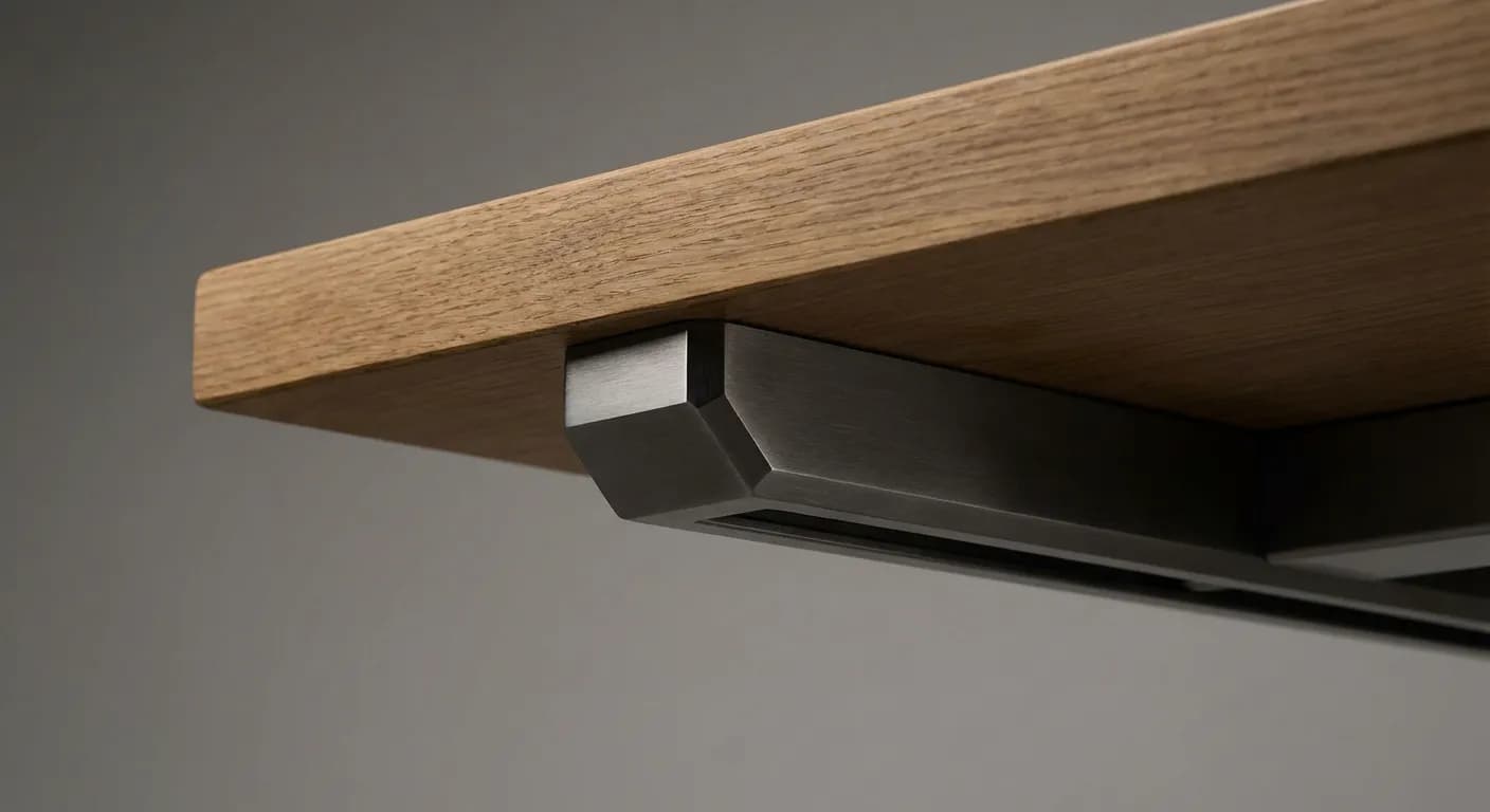 Rehausser plan de travail : Guide hauteur & astuces 2026 Détail minimaliste d'un support métallique pour surélever un plan de travail