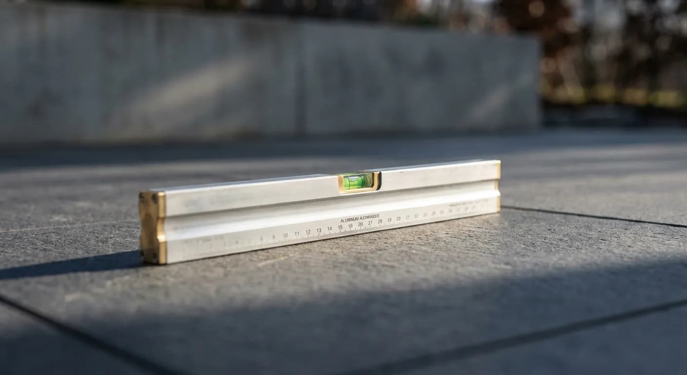 Terrasse sur vide sanitaire : Guide Technique & Prix 2026 Gros plan d'un niveau à bulle sur une terrasse en pierre, symbolisant la précision de construction