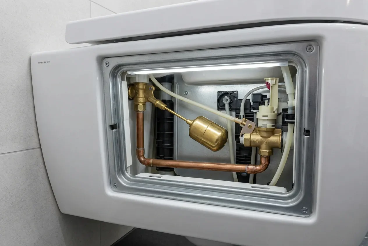 Chasse d'eau longue à se remplir WC suspendu : solutions - WC suspendu long à remplir ? 4 solutions (Tuto 2026) - Pourquoi votre WC suspendu met-il du temps à se remplir ? Vue rapprochée de la trappe d'accès d'un WC suspendu